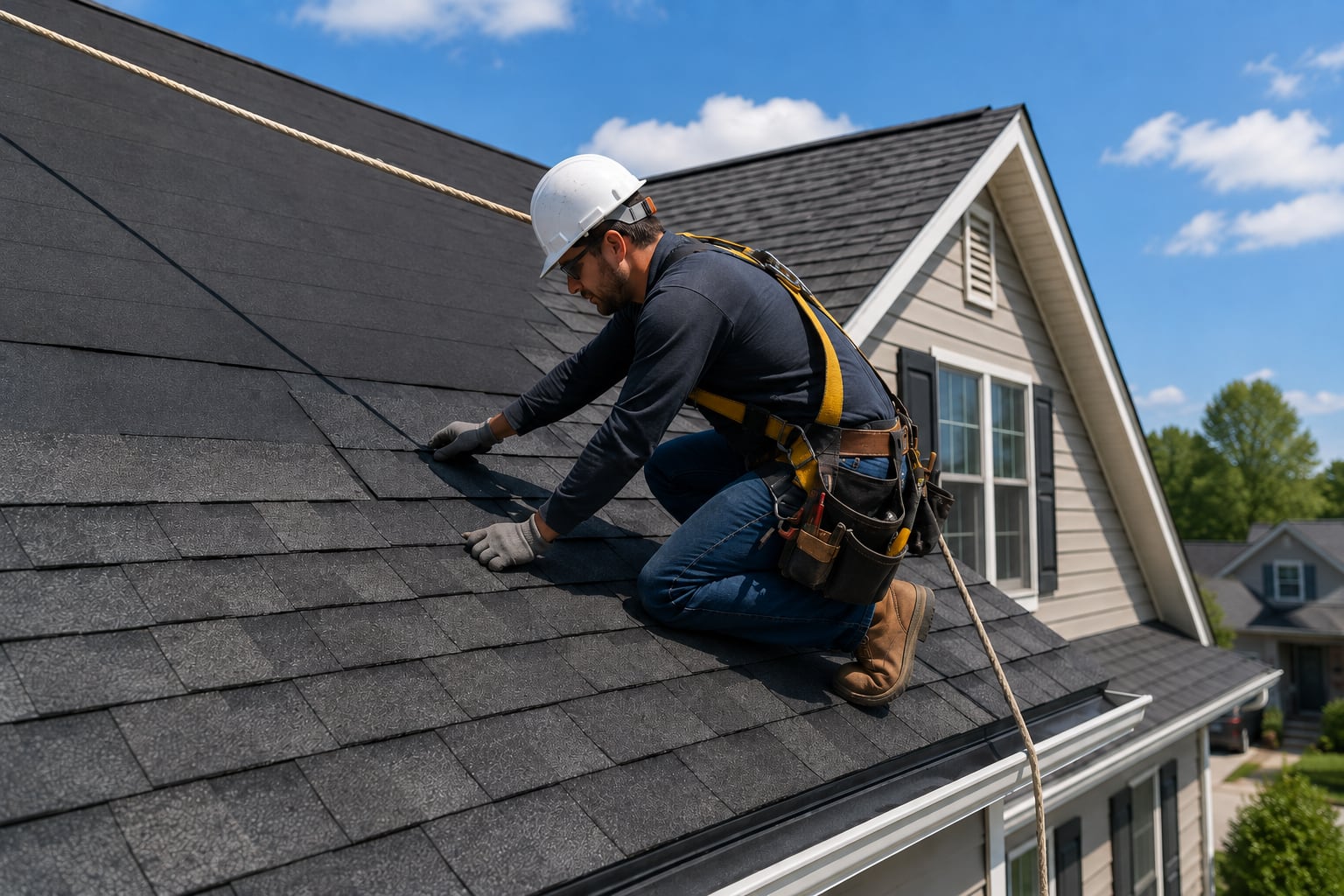 SkyWay GB Roofing contractor installing dark asphalt shingles on a sloped residential roof while wearing a hard hat, safety harness, and tool belt under a bright blue sky.