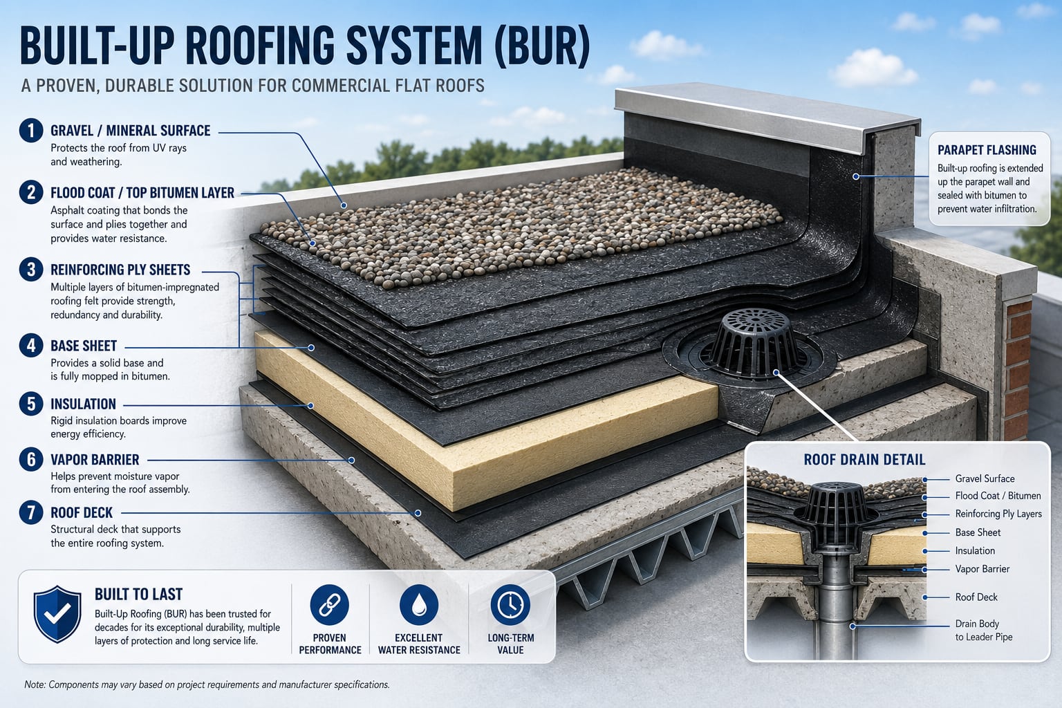 SkyWay GB Roofing built-up roofing system illustration showing gravel surface, bitumen layers, reinforcing plies, base sheet, insulation, vapor barrier, roof deck, parapet flashing, and roof drain detail.
