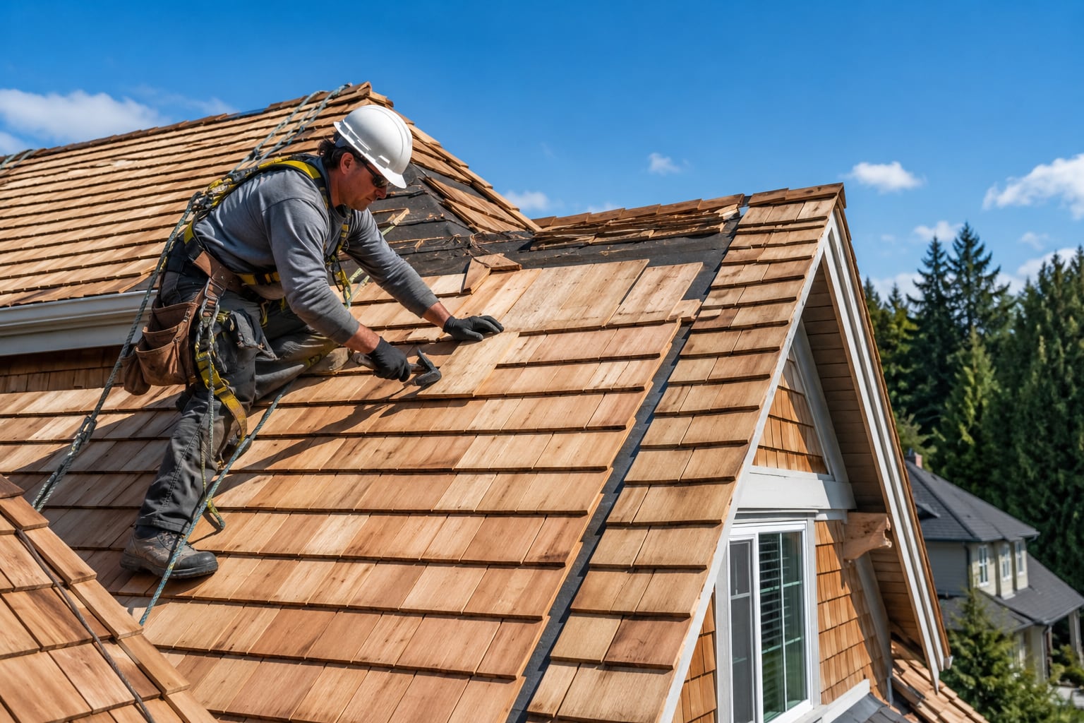 SkyWay GB Roofing contractor installing cedar shake wood shingles on a steep residential roof while wearing a hard hat and safety harness under a clear blue sky.