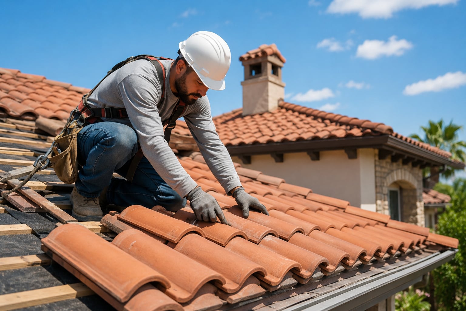 SkyWay GB Roofing contractor installing clay and concrete roof tiles on a sloped residential roof under a bright blue sky.