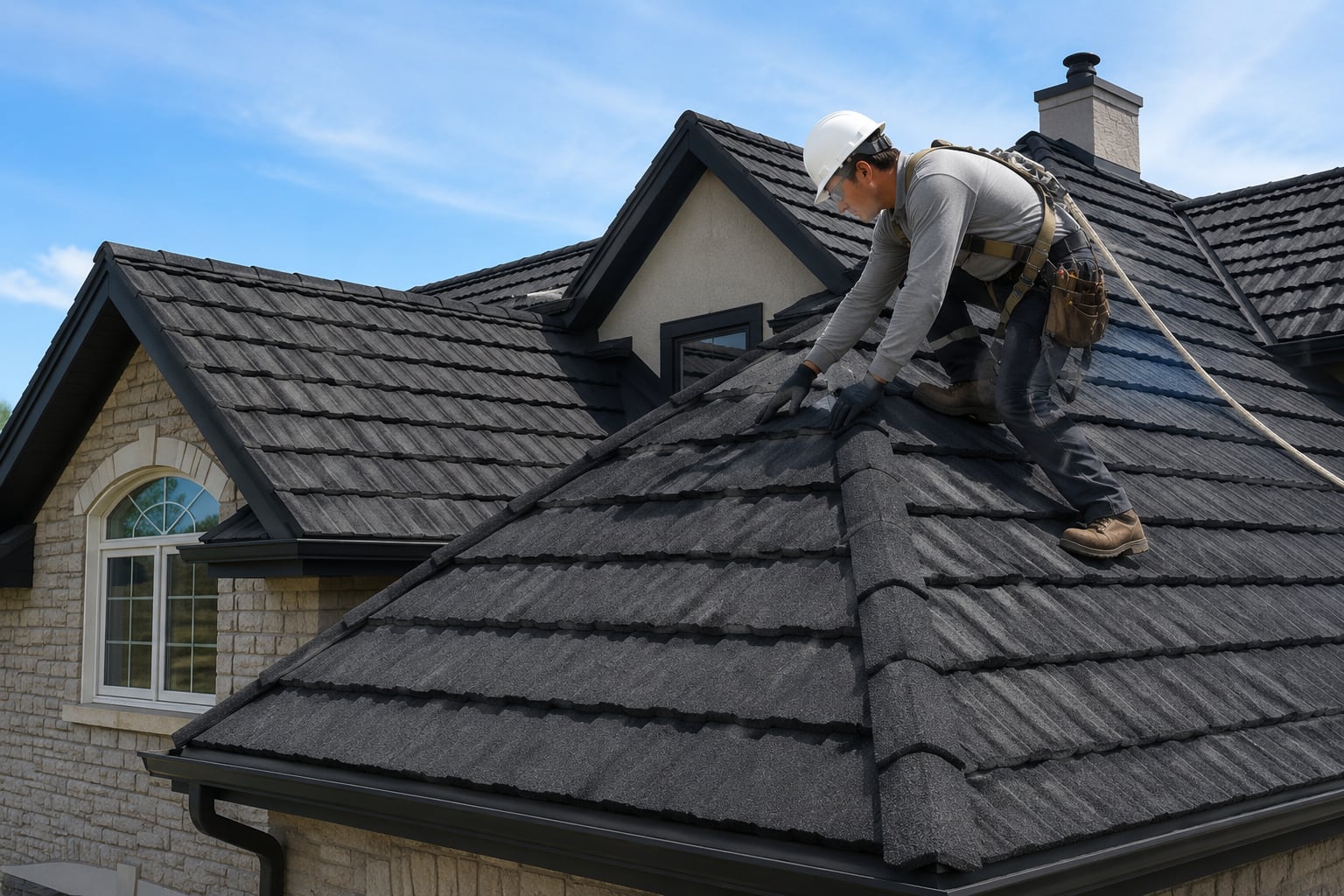 SkyWay GB Roofing contractor inspecting a dark DECRA stone-coated steel roof on a residential home while wearing a hard hat, safety harness, gloves, and tool belt.
