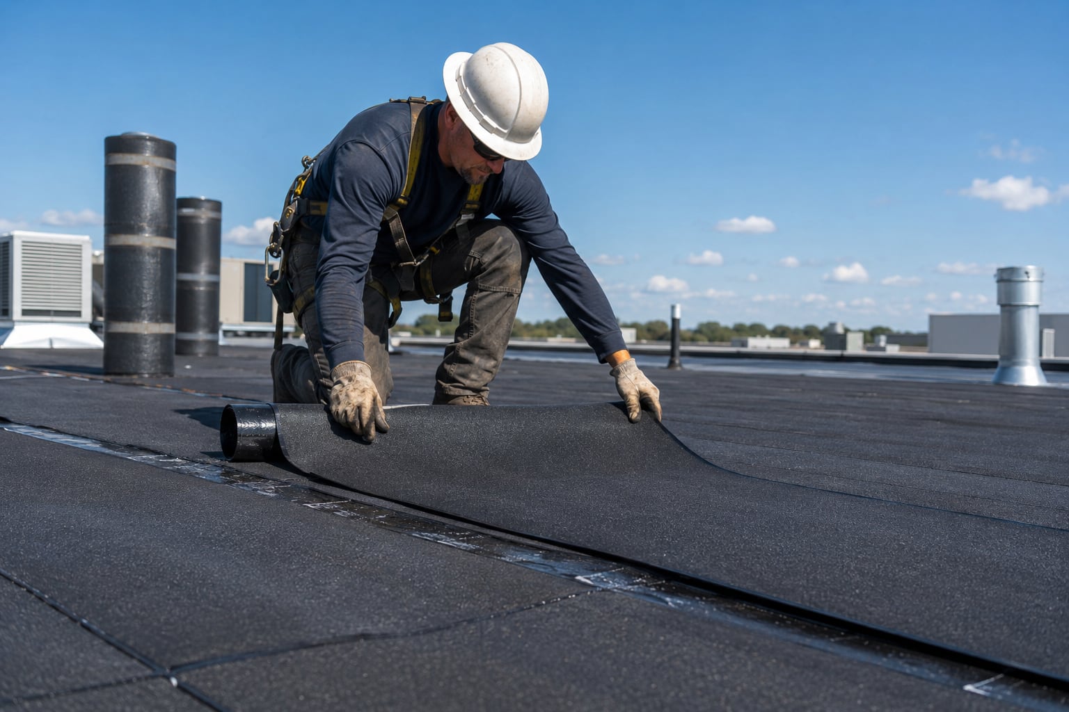 SkyWay GB Roofing contractor installing dark modified bitumen roofing membrane on a flat commercial roof under a clear blue sky.