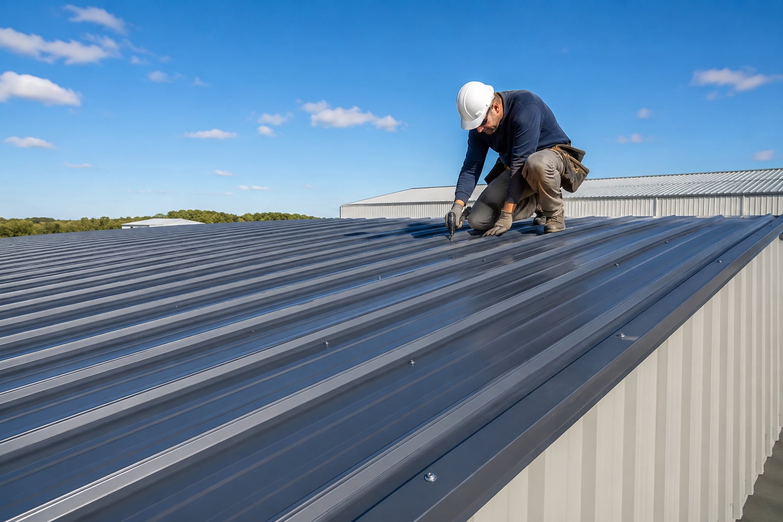 SkyWay GB Roofing contractor installing an R-panel metal roofing system on a commercial building roof under a clear blue sky