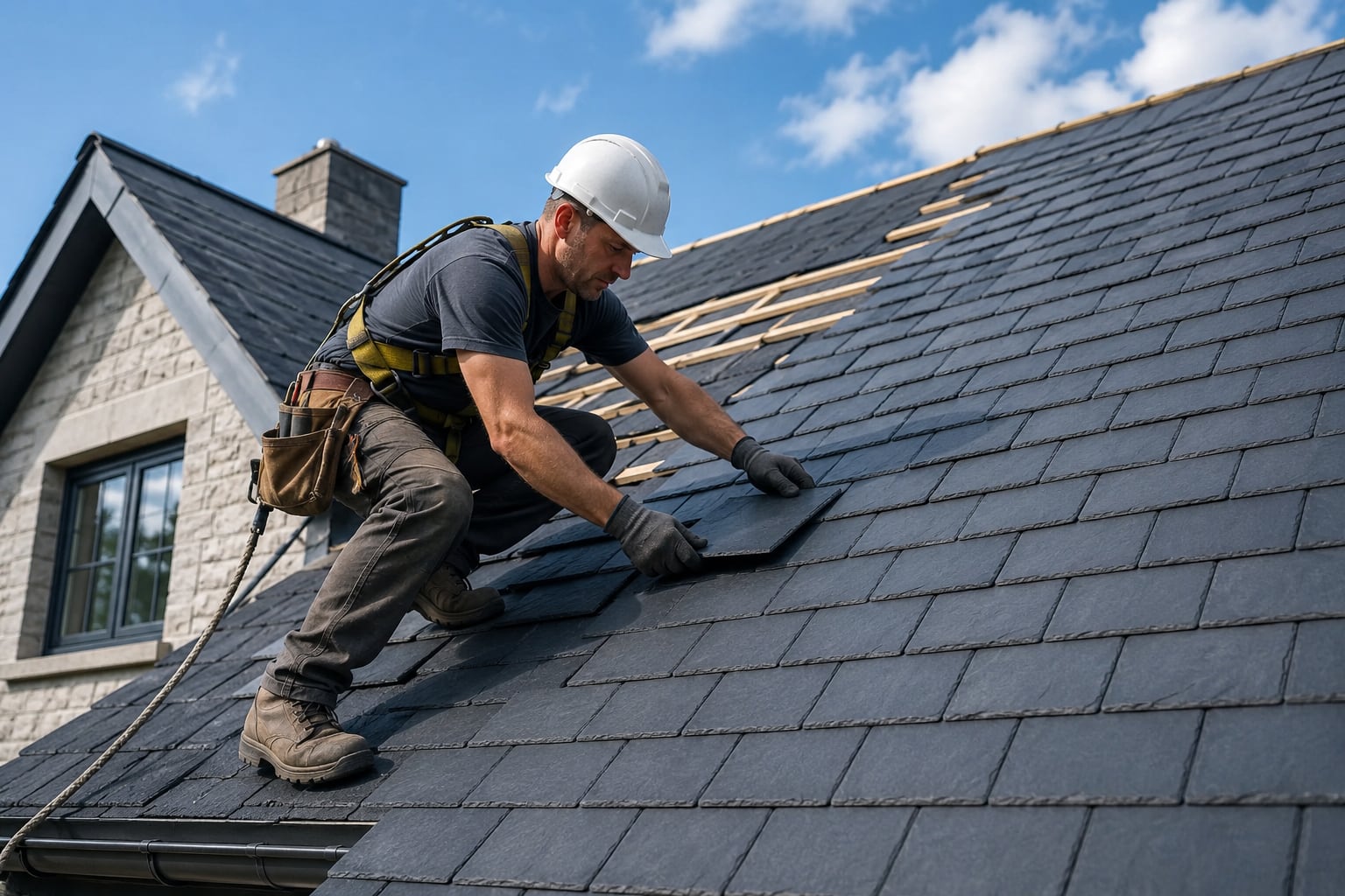 SkyWay GB Roofing contractor installing dark slate tiles on a sloped residential roof while wearing a hard hat, safety harness, gloves, and tool belt under a bright blue sky.