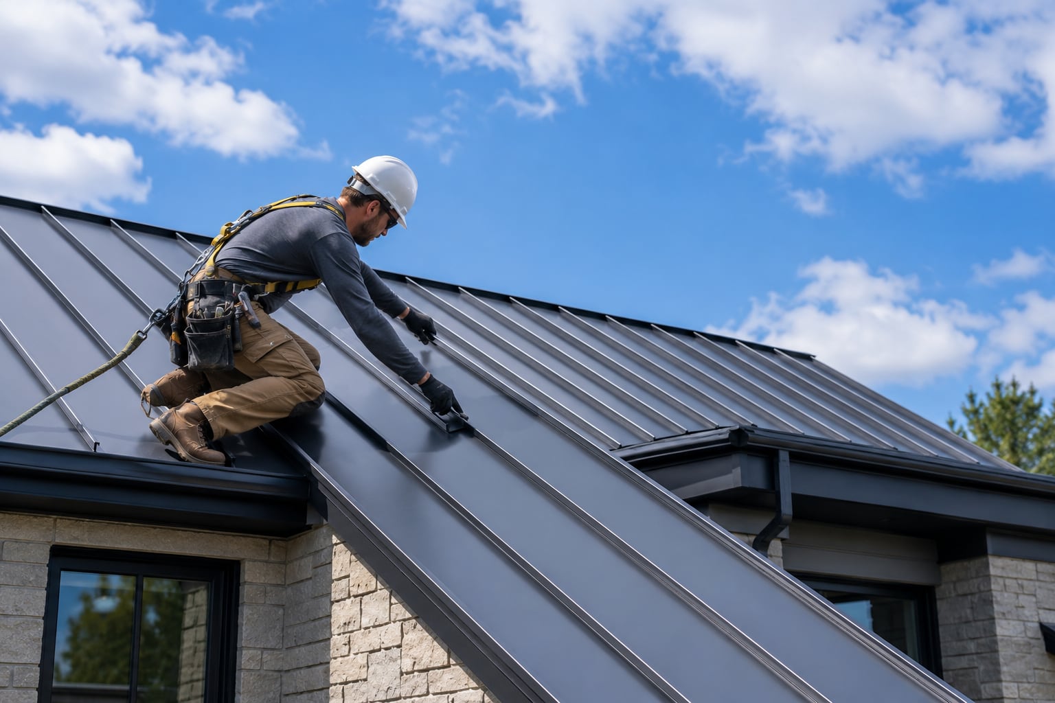 SkyWay GB Roofing contractor working on a standing seam metal roof on a residential home while wearing a hard hat and safety harness under a bright blue sky.