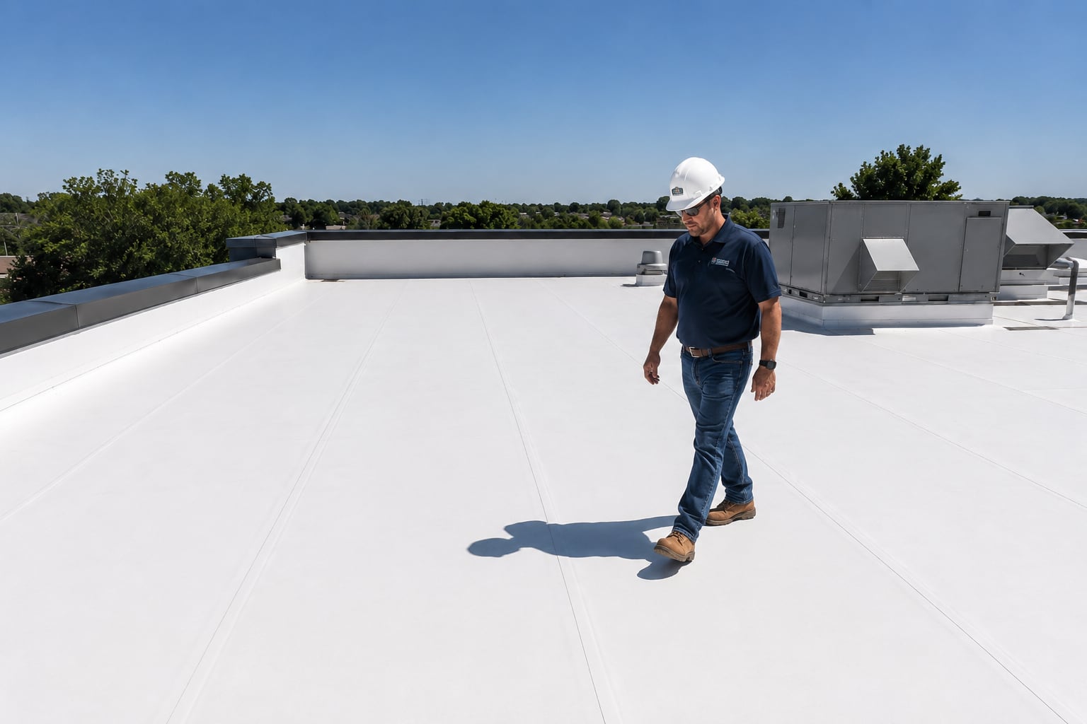 SkyWay GB Roofing contractor wearing a hard hat and inspecting a white TPO commercial roof with rooftop HVAC units under a clear blue sky