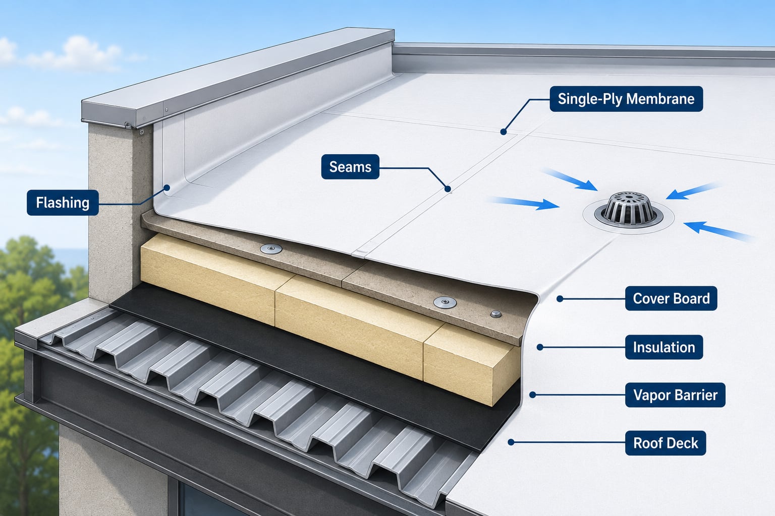 SkyWay GB Roofing single-ply membrane roof system diagram showing membrane, seams, flashing, cover board, insulation, vapor barrier, roof deck, and drainage details.