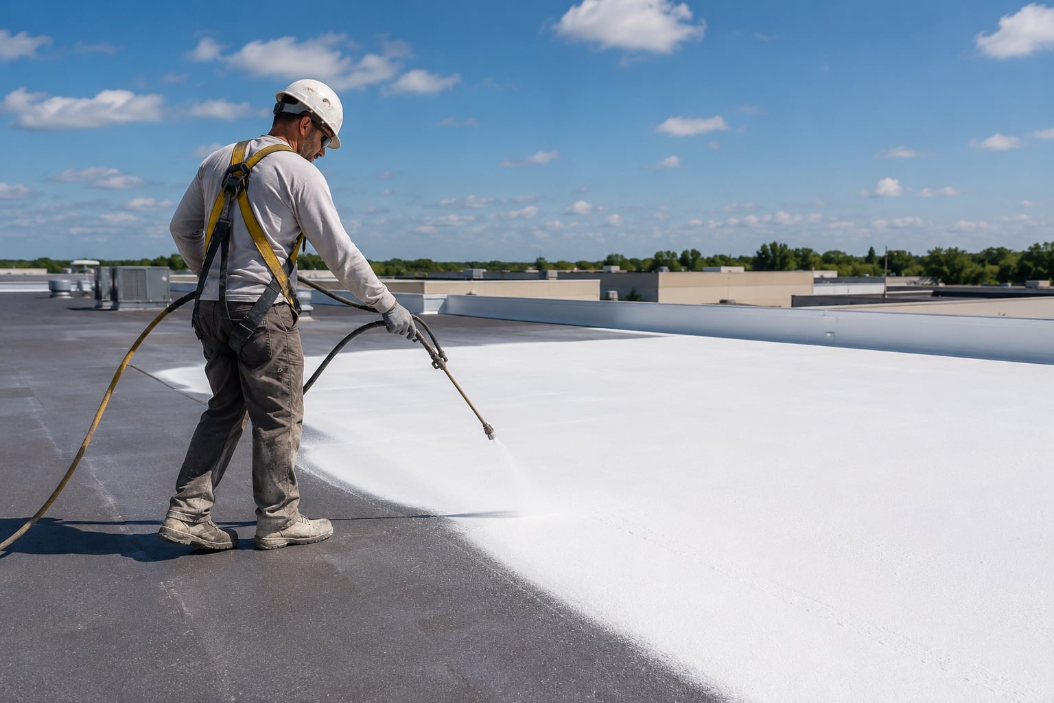 SkyWay GB Roofing contractor applying white spray-on roof coating to a flat commercial roof while wearing a hard hat and safety harness under a bright blue sky.